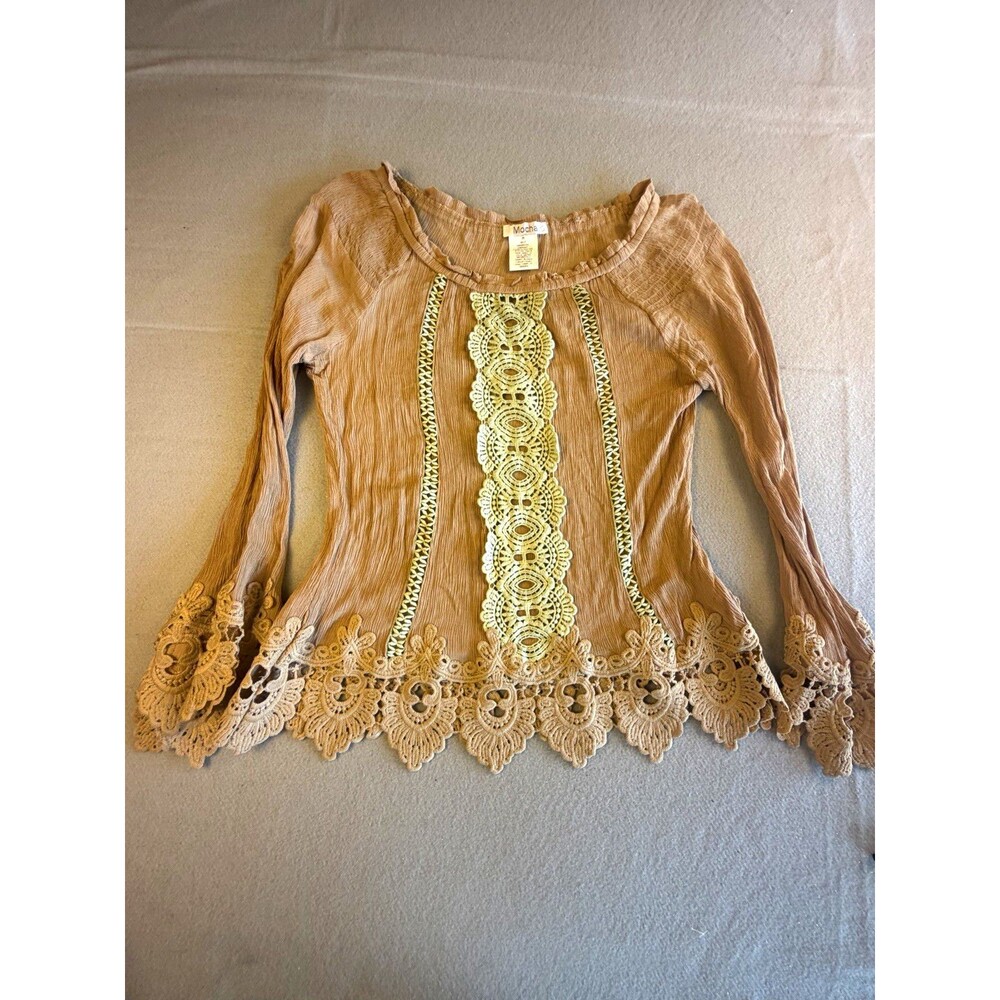Mocha Tan Solid Scoop Neck Lace Trim Pullover Long Sleeve Blouse Women's M